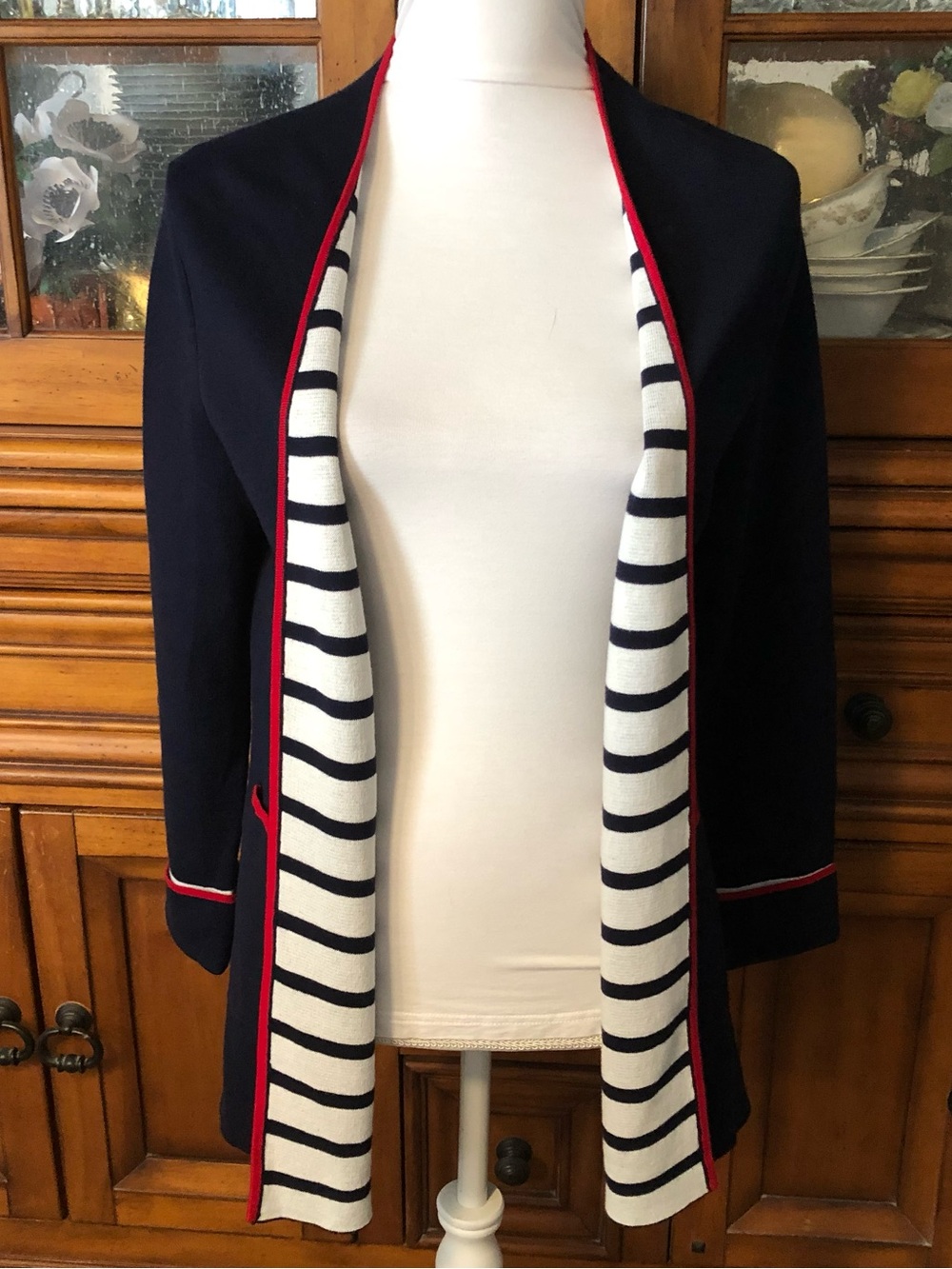 EUC Talbots Navy Open-Front Jacket with Red Trim and Striped Lining